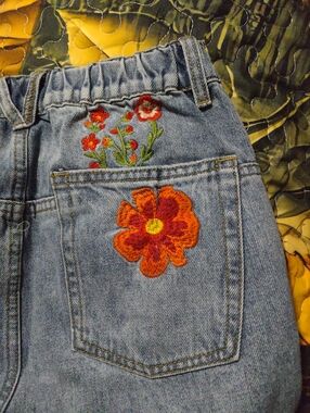 Oh Light Blue Denim  Jeans with Orange & Red Floral Embroidery and Purple Colors